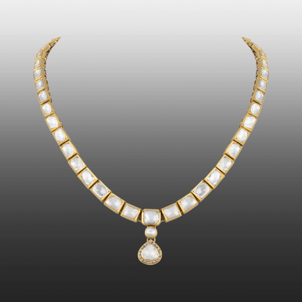 Square Polki Linear Necklace with Drop Pendant